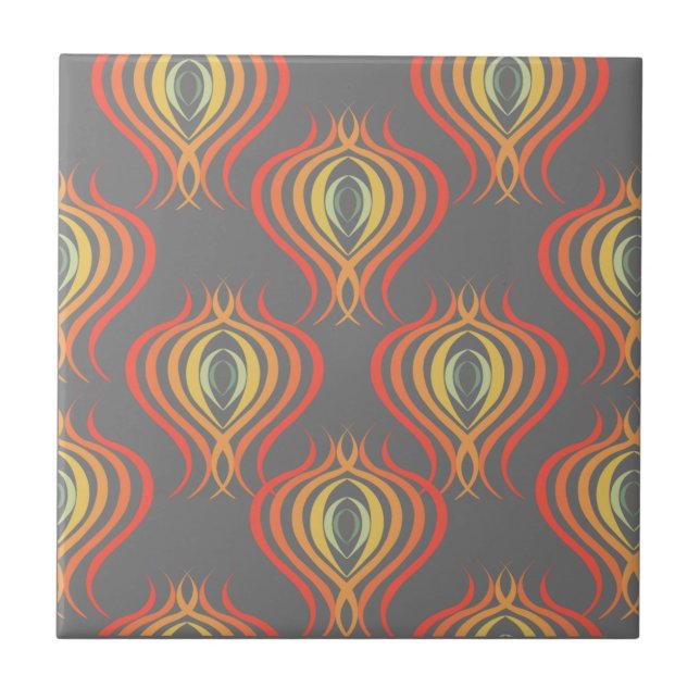 70s Inspired Ogee Pattern Orange Red Grey Tile (Front)