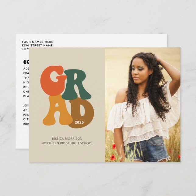 70s-Inspired Typography Photo Graduation Postcard (Front/Back)