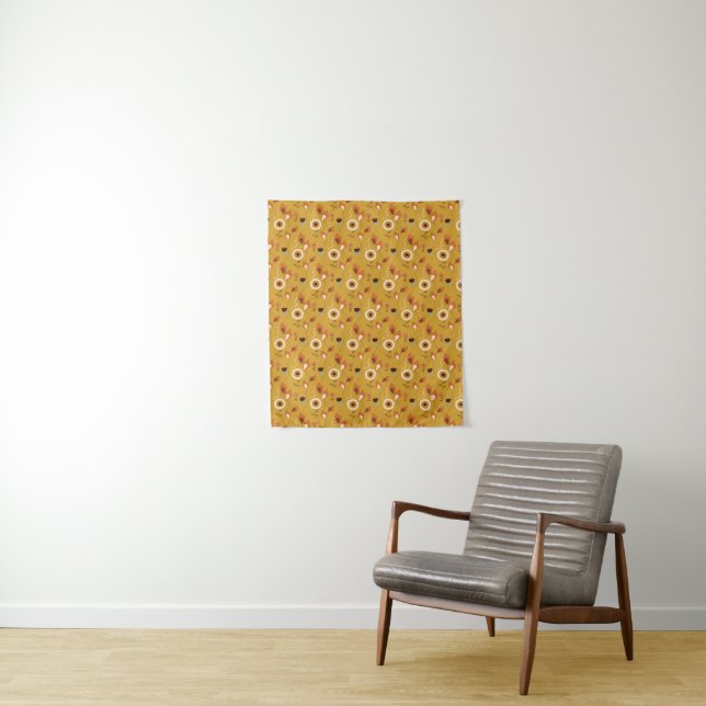 70s Mid Century Modern Floral Mustard Tapestry (In Situ)