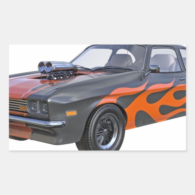 70's Muscle Car in Orange Flames and Black Sticker (Front)