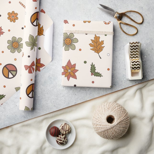 70s Nostalgia Retro Peace and Christmas Wrapping Paper (Crafts)