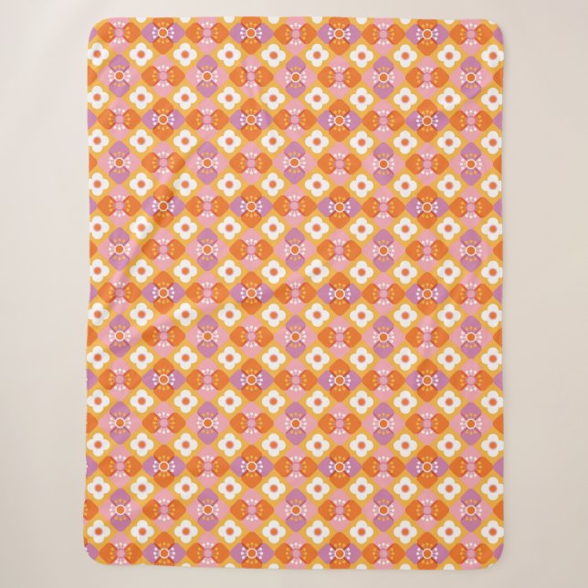 70s orange flowers sherpa blanket (Front)