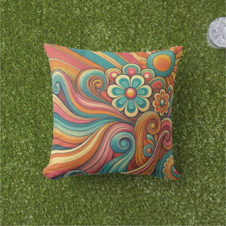 70s Psychedelic Floral Design – Retro Groovy Art Outdoor Pillow