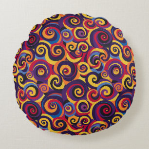 70s Psychedelic Retro Swirl Pattern Bright Reds, Round Pillow
