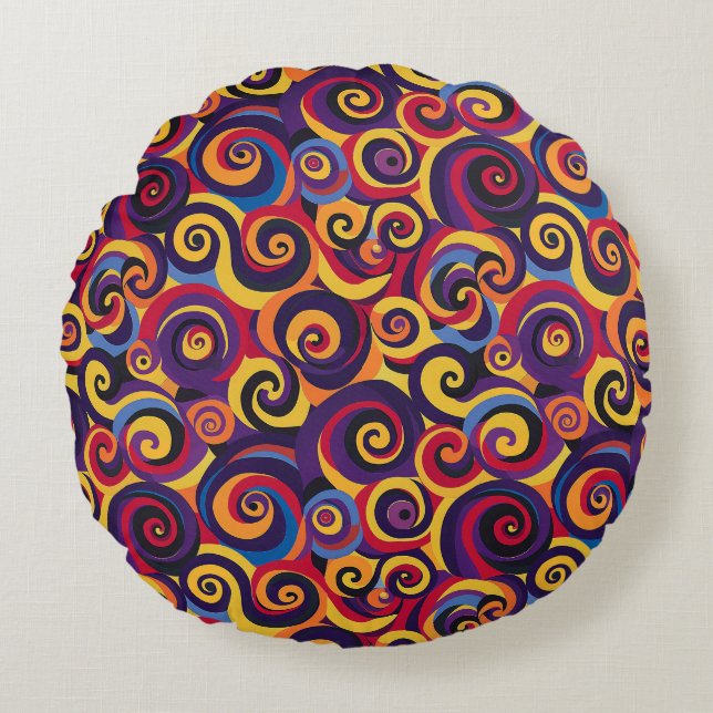 70s Psychedelic Retro Swirl Pattern | Bright Reds, Round Pillow (Front)