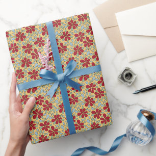 70s Retro Abstract Flowers Red Blue Green Yellow Wrapping Paper