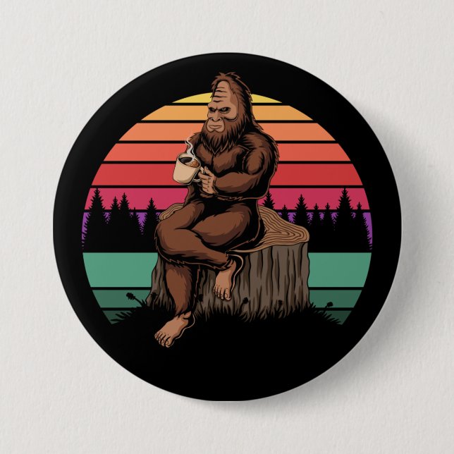 70s Retro Bigfoot & Coffee 3 Inch Round Button (Front)