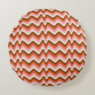 70s retro brown and pink wave pattern round pillow
