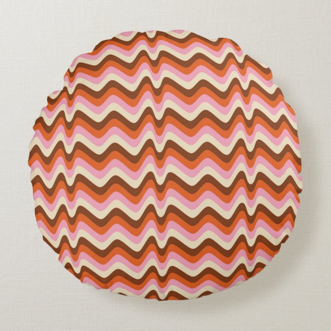 70s retro brown and pink wave pattern  round pillow (Front)
