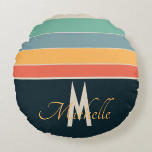70s retro colorful Stripe names nitial & monogram Round Pillow