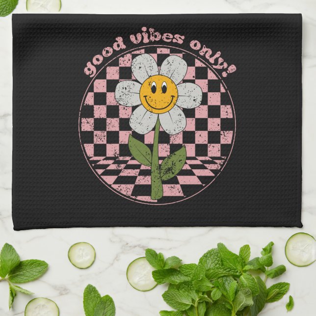70's Retro Daisy | Good Vibes Only Kitchen Towel (Folded)