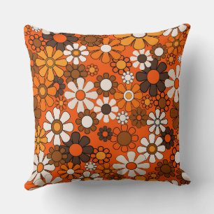 70s Retro Floral Brown Orange Boho Decor Throw Pillow