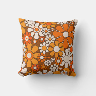 70s Retro Floral Brown Orange Boho Decor Throw Pillow