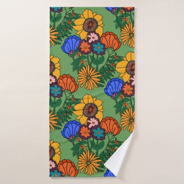 70s Retro Floral Green - Retro mid century modern  Bath Towel (Bath Towel)