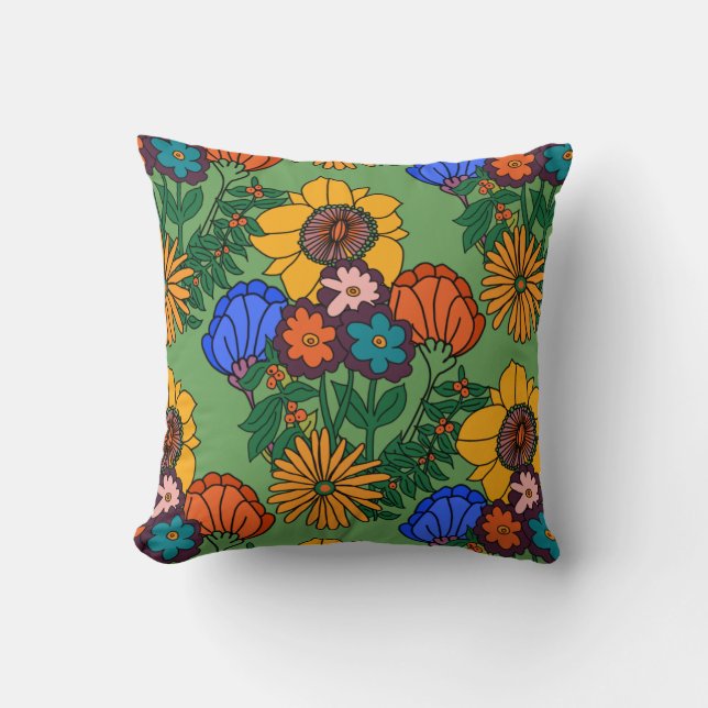 70s Retro Floral Green Throw Pillow (Front)