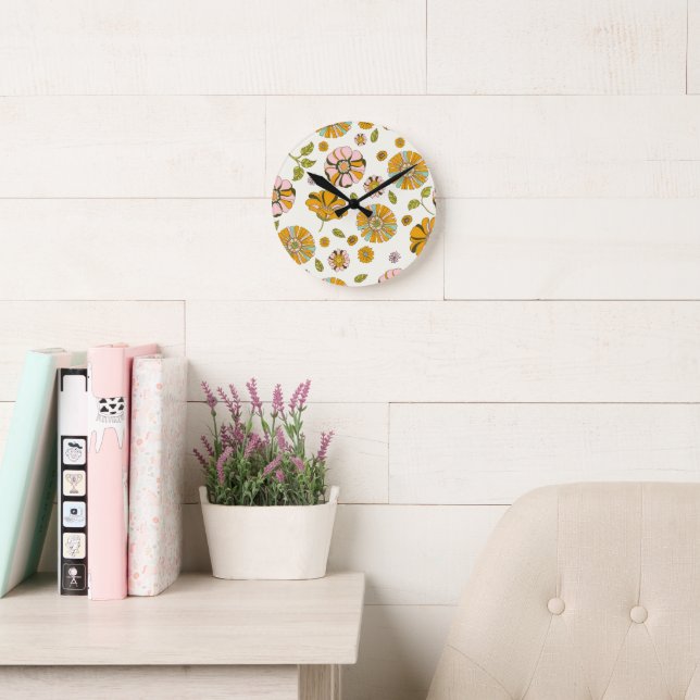 70's Retro Floral Pattern Round Clock (Reading Room)