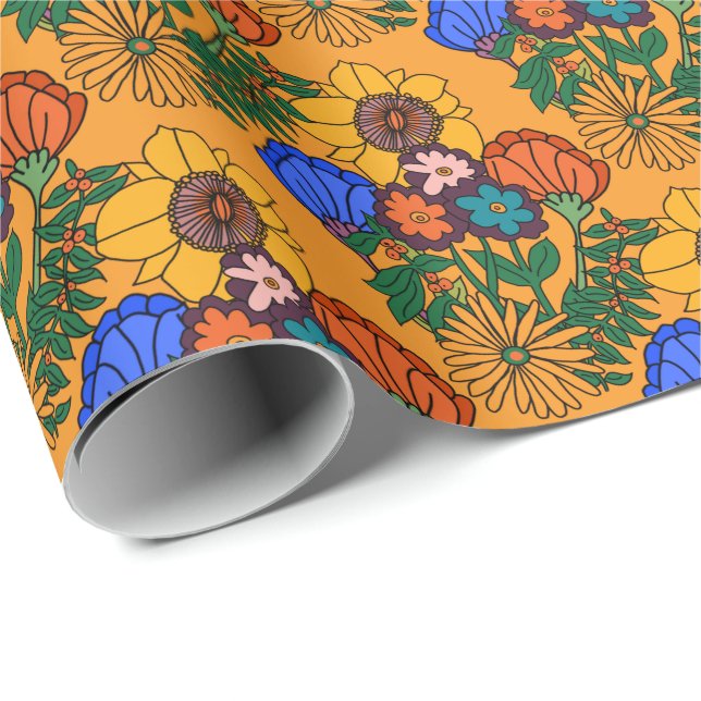70s Retro Floral Yellow Throw Pillow Wrapping Paper (Roll Corner)
