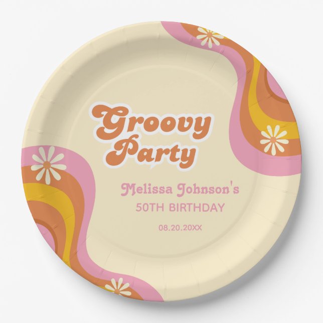70s Retro Groovy Party Daisies Peach Birthday Paper Plate (Front)