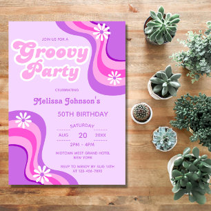 70s Retro Groovy Party Daisies Purple Birthday Invitation
