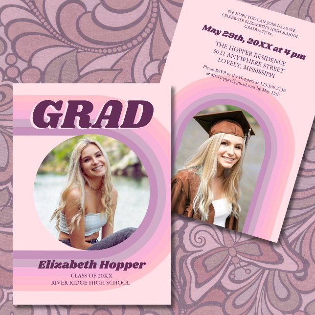 70s Retro Groovy Pink Arch Funky Photo Graduation  Invitation (Creator Uploaded)