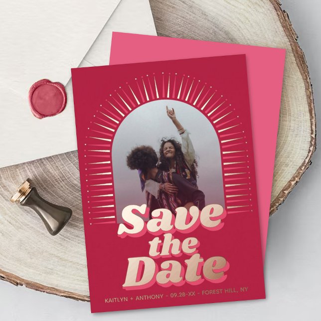 70's Retro Groovy Viva Magenta Photo Save The Date (Creator Uploaded)