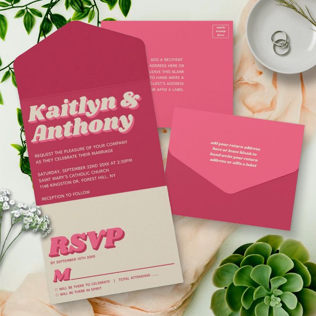 70's Retro Groovy Viva Magenta Wedding All In One Invitation (Creator Uploaded)