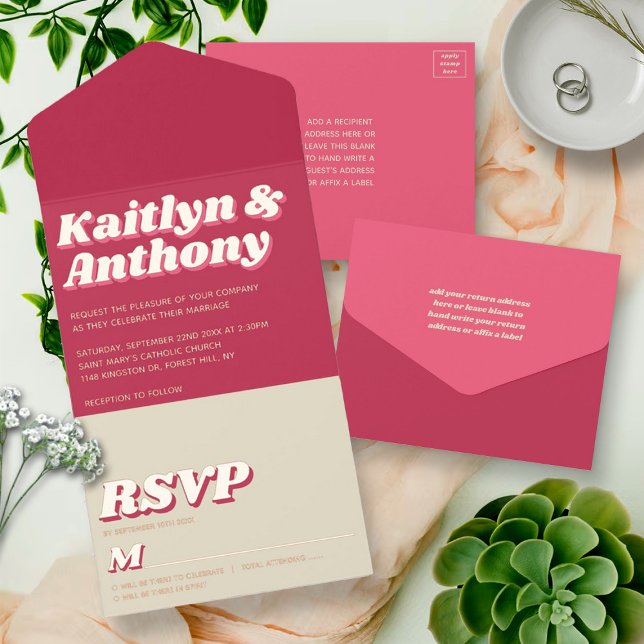 70's Retro Groovy Viva Magenta Wedding Real Foil All In One Invitation (Creator Uploaded)