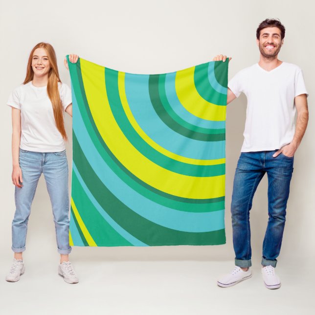 70s Retro Groovy Wave Rainbow Teal Green Fleece Blanket (In Situ)