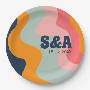 70s Retro Groovy Wavy Pastel Pink Blue Wedding Paper Plate