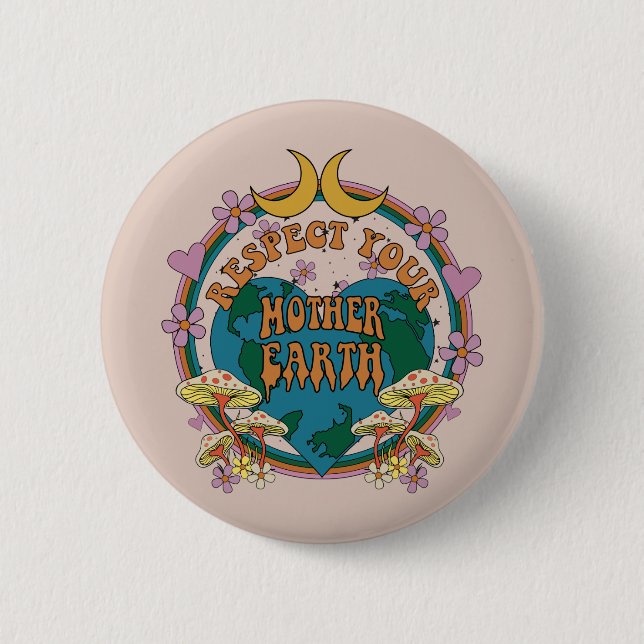 70's Retro Mother Earth Graphic 2 Inch Round Button (Front)