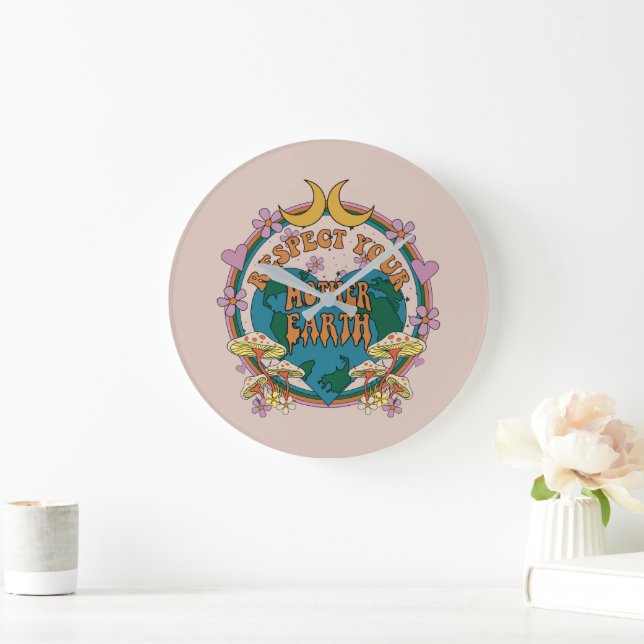 70's Retro Mother Earth Graphic Large Clock (Home)