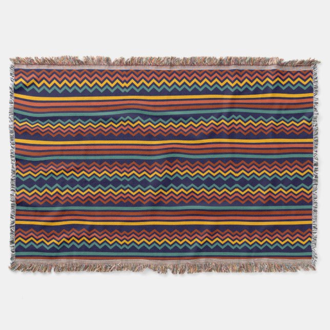 70s Retro Navy Blue and red Stripes & zigzag Throw Blanket (Front)