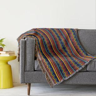 70s Retro Navy & Mustard Boho Chevron Stripes Throw Blanket