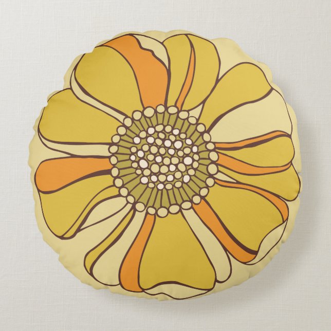 70s Retro Orange & Gold Flower Round Pillow (Front)