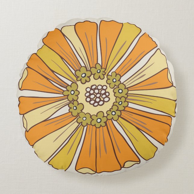 70s Retro Orange & Gold Flower Round Pillow (Front)