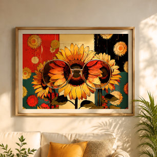 70s Retro Sunflower with Glasses Pop Art Poster