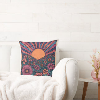 70s Retro Sunshine Flower Field Design Throw Pillow