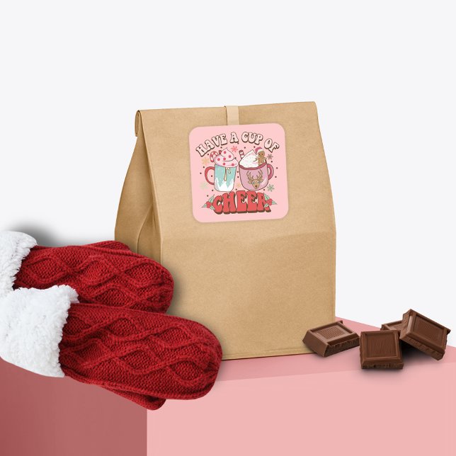 70's Retro Typography Cute Holiday Cup of Cheer Square Sticker (Creator Uploaded)