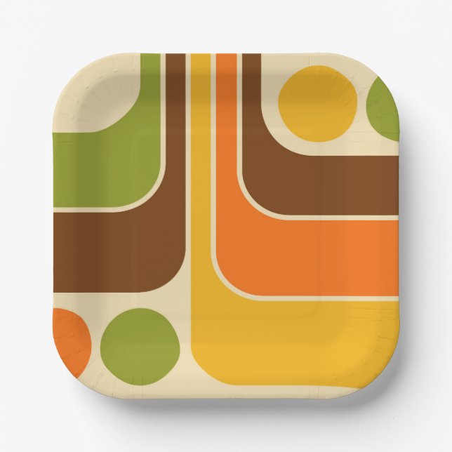 70s Retro Vintage Style Geometric Pattern Paper Plate (Front)