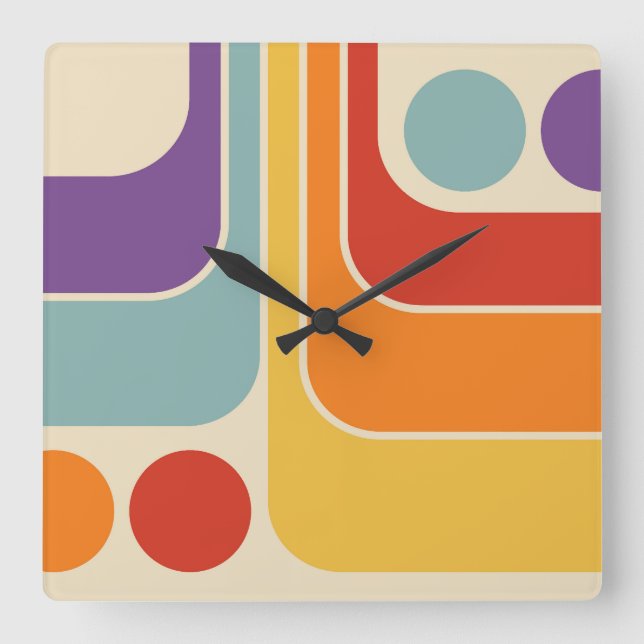 70s Retro Vintage Style Geometric Pattern Square Wall Clock (Front)