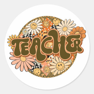 70s Style Floral "Teacher" Appreciation Classic Round Sticker