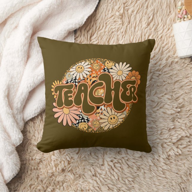 70s Style Floral "Teacher" Appreciation Throw Pillow (Blanket)