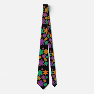 70s Style Flowers on Black Background Tie