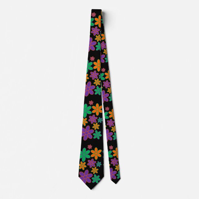 70s Style Flowers on Black Background Tie (Front)