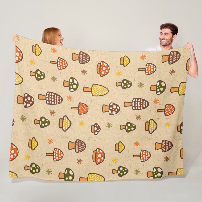 70s Style Retro Mushrooms Fleece Blanket (In Situ)