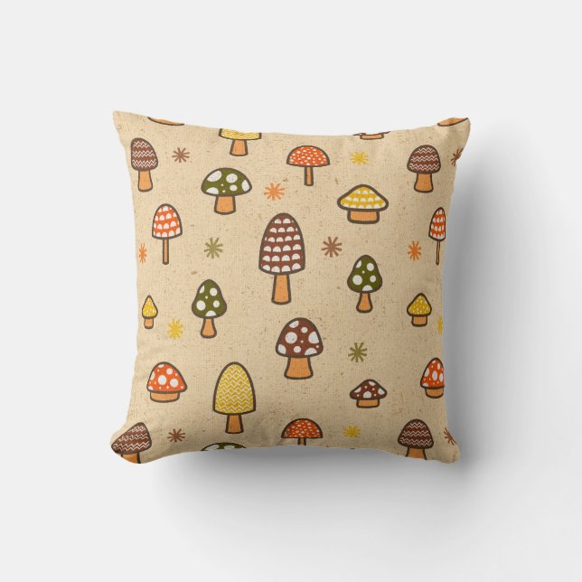70s Style Retro Mushrooms Throw Pillow (Front)