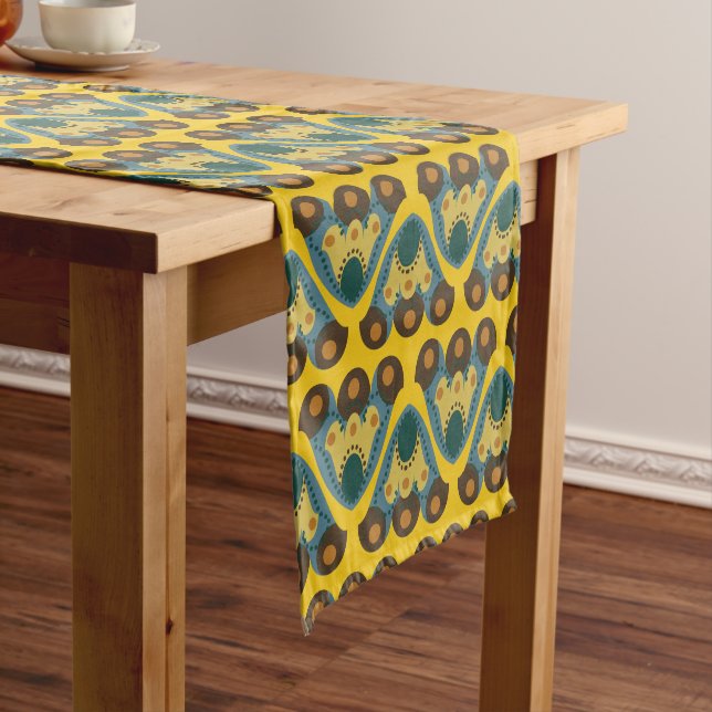 70s style yellow tulip pattern short table runner (In Situ)