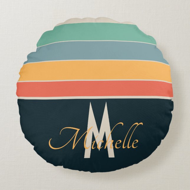 70s Vintage Stripe pattern custom initial Round Pillow (Front)