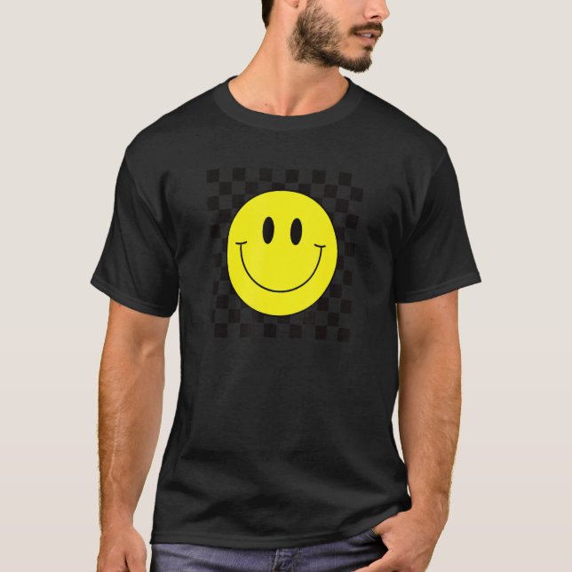 70s Yellow Smile Face  Cute Chequered Smiling Happ T-Shirt (Front)