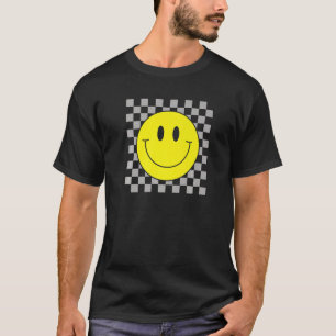 70s Yellow Smile Face Cute Chequered Smiling Happ T-Shirt